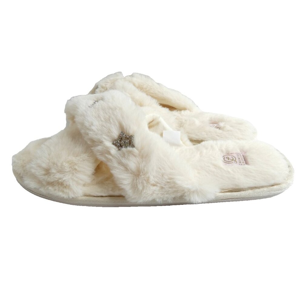 Creamy White Bedroom Slippers Womens Large Size 9-10 Faux Fur Open Toe Slides